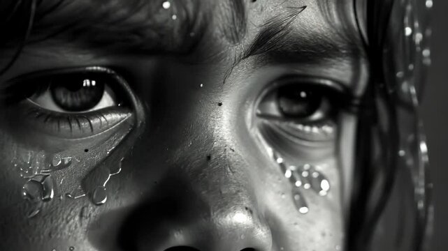 A young child's face expresses deep emotion as raindrops mingle with tears, creating a poignant moment that highlights vulnerability and resilience in life&rsquo;s challenges