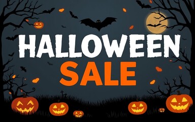 Orange pumpkins and white text on a dark blue background create a spooky Halloween sale atmosphere. 
