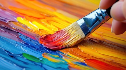 Fototapeta premium A close up of a person holding a paint brush on an art canvas, AI