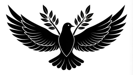 Obraz premium Delicate, intricately designed dove silhouette with outstretched wings and olive branch, rendered in bold black ink, perfect for tattoos, artwork, or symbolic representations.