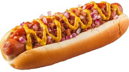 A hot dog topped with mustard, ketchup, and diced onions