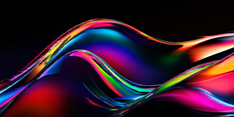 Fototapeta premium Vibrant, undulating waves of multicolored light against a black background. Speed lines, dynamic and abstract composition. Generative AI