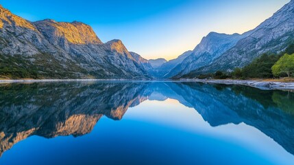 A serene mountain landscape reflecting in calm waters during twilight, showcasing nature's beauty and tranquility.