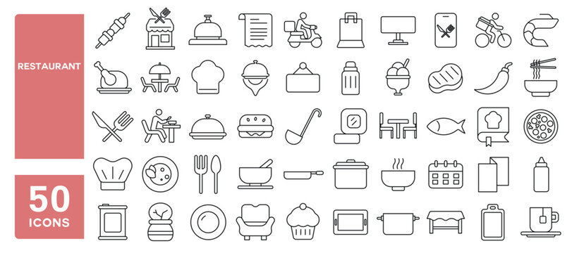 Set of 50 line icons related to restaurant, catering, kitchen, dining, fork, spoon, knife, plate, cloche, tray, chef, hat, tableware, delivery, cooking, menu, Editable stroke. Vector illustration