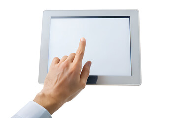 close-up hand touching white screen tablet isolated on transparent background