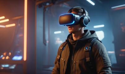 A man wearing a VR headset stands in a futuristic environment, likely immersed in a virtual reality game