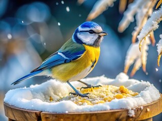 Naklejka premium Delicate snowflakes gently fall onto a frozen feeder, surrounding a visits from a bright blue and yellow winter bird, its feathers a vibrant contrast.