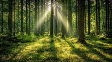 Fototapeta premium A serene forest scene with sunlight streaming through trees, creating a tranquil and inviting atmosphere.