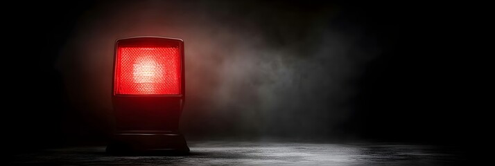 Red rotating siren emergency warning light with black base on dark background. Alarm siren, urgency alert or buzzer. Attention light signal or beacon flash ambulance rescue danger alarm sign