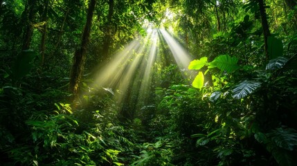 Obraz premium A serene jungle scene with sunlight filtering through dense foliage, creating a tranquil atmosphere.