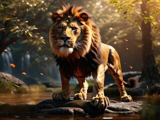 a lion stands on a stone in the middle of a river