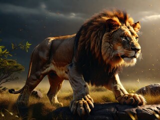 a lion stands on a stone in the middle of the savannah