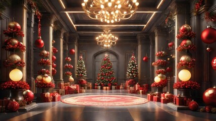 hall with chandeliers and Christmas trees