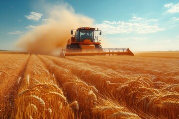 Obraz premium farmer operating modern harvester in vast wheat field golden crops sway in breeze as machine cuts swath through landscape dust billows dramatically in afternoon sun