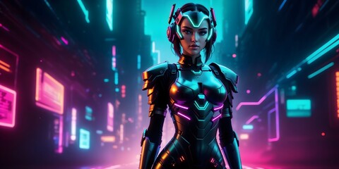 A girl wearing a futuristic space suit stands in a cyberpunk-styled city, with neon lights and a blurred gradient background