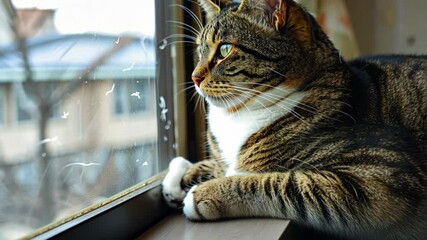 On a peaceful afternoon, a striped cat perches by the window, eyes wide with wonder as it watches birds fluttering outside, lost in its own thoughts