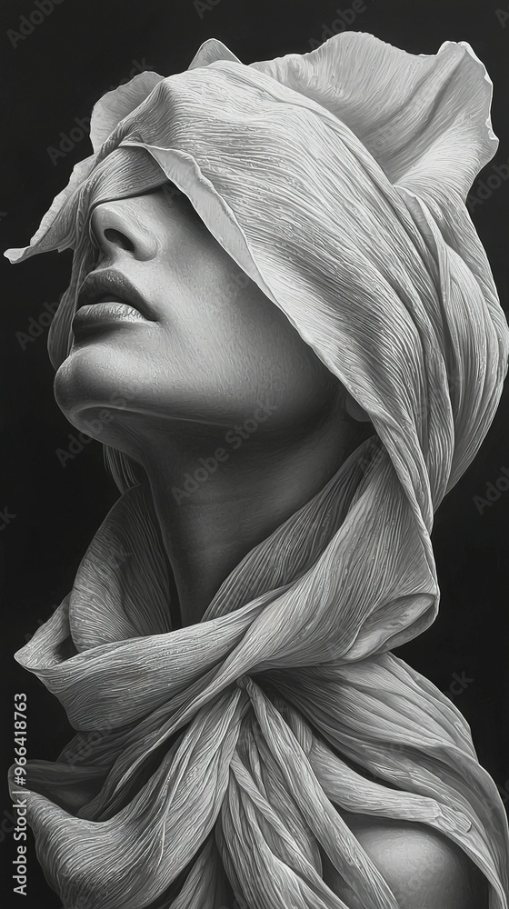 Canvas Prints   A monochrome illustration of a female portrait with a headscarf and floral crown