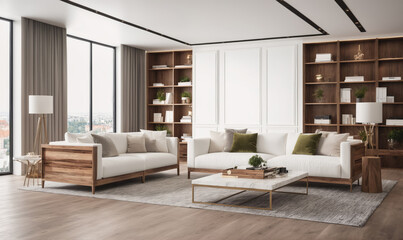 A modern living room with white couches, wood-toned floors and furniture, and a large window overlooking a city