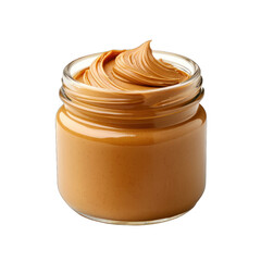 Delicious creamy peanut butter in a glass jar, perfect for spreads and recipes, showcasing its smooth texture and rich color. transparent background