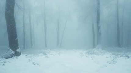 Foggy forest, snow-covered ground, abstract mood, mysterious, atmospheric