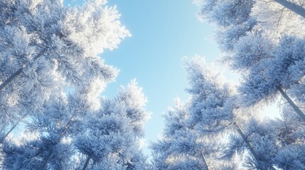 Frost-covered pine trees under a clear sky, peaceful winter day, December 26
