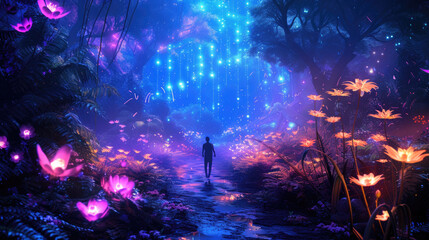 Fototapeta premium Lone person in fantasy dark forest at night, man walking on path near magical glowing flowers and lights, neon plants in fairy woods. Concept of fairytale garden, wonderland