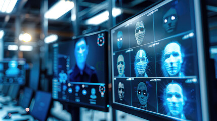 Facial recognition technology, human faces on computer screens in security room, digital scanning of persons. Concept of identification, monitor, surveillance