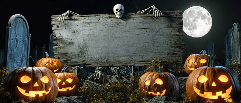 Weathered wooden board and pumpkins at scary graveyard on Halloween night, spooky cemetery with graves and moon. Concept of horror, sign, party, mockup, background