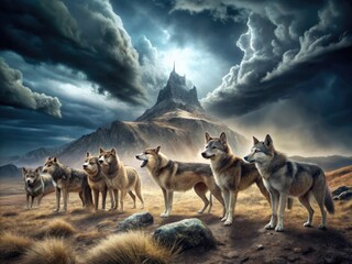 Dramatic Image Of A Distress Signal (Sos) In A Deserted Landscape Surrounded By A Pack Of Menacing Wolves.