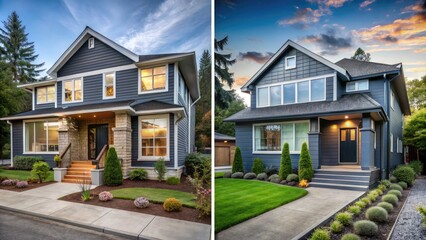 Dramatic transformation of a rundown exterior to a modern, sleek, and inviting home with new siding, windows, doors, and lush landscaping.