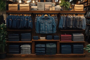 Denim and Casual Apparel Displayed on Wooden Shelves in a Retail Store