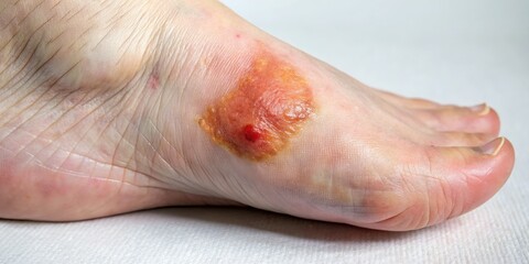 Fototapeta premium Early-stage foot ulcer on the heel showing initial signs of redness, swelling, and slight skin breakdown with minimal discharge or pus formation.