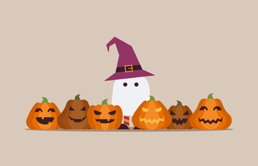 Cute halloween vector illustration with a child in a ghost costume and a witch hat. Set of pumpkins of different shapes with funny faces. Spooky hand drawn composition