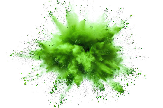 neon green color powder explosion isolated on white or transparent png