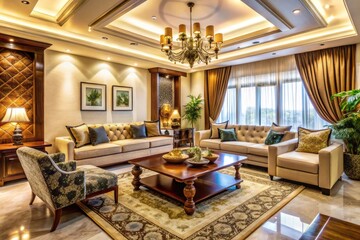 Elegant and sophisticated living room designed by expert interior designers in Hyderabad, featuring lavish furnishings, rich textures, and modern amenities amidst a serene ambiance.