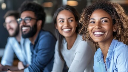 Fototapeta premium A diverse group of smiling individuals engaged in a friendly conversation or meeting.