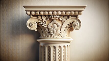 Elegant architectural illustration of a ancient stone pillar with intricate carvings and ornate details, set against a soft, creamy white background.