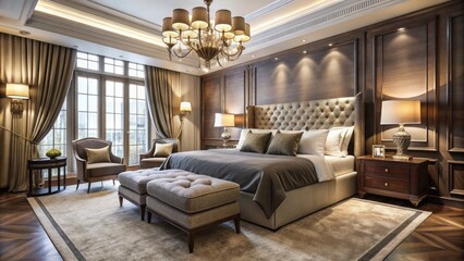Elegant bedroom features plush area rug, lavish velvet drapes, and sleek wood furnishings, exuding sophistication and refinement in a tranquil, upscale atmosphere.