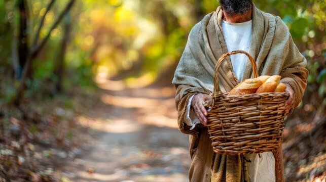 Jesus blessing fish and bread  a biblical artwork depicting the miracle of feeding the multitude