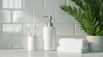 Fototapeta premium Bathroom Essentials with a Touch of Green