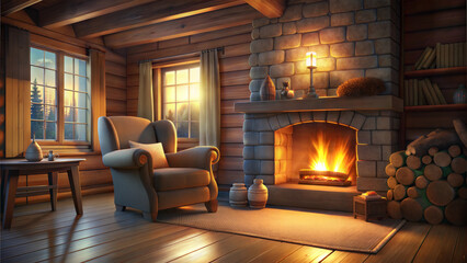 Cozy cabin living room with plush armchair by a stone fireplace and warm flickering flames