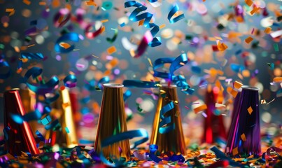 Party horn blowers and confetti