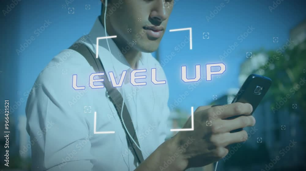Poster animation of level up text and data processing over biracial businessman using smartphone