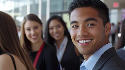 Obraz premium A group of smiling young professionals in a business setting, showcasing a positive and engaging atmosphere.