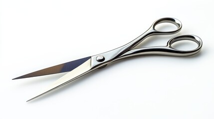 Obraz premium Close-up of Shiny Silver Scissors on White Background