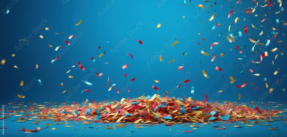 Wall mural confetti falling on blue background, red and gold colours, high resolution, highly detailed, wide-an