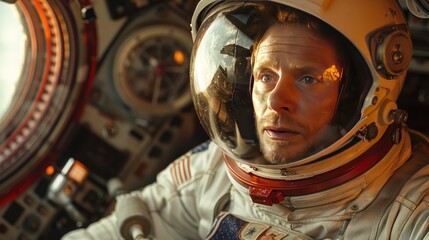 Obraz premium Close-up portrait of an astronaut in a spacesuit, looking out of a spacecraft window.