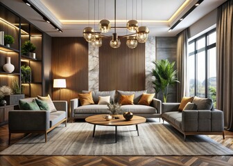 Elegant living room interior design concept featuring sleek furniture, natural textures, and modern lighting fixtures showcased in a professional portfolio layout.