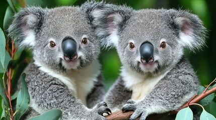 Fototapeta premium Two koalas sit in a tree, with one facing the camera and the other looking away