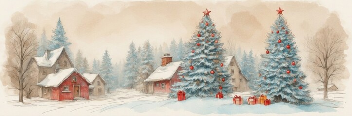 Christmas Village with Decorated Trees and Gifts